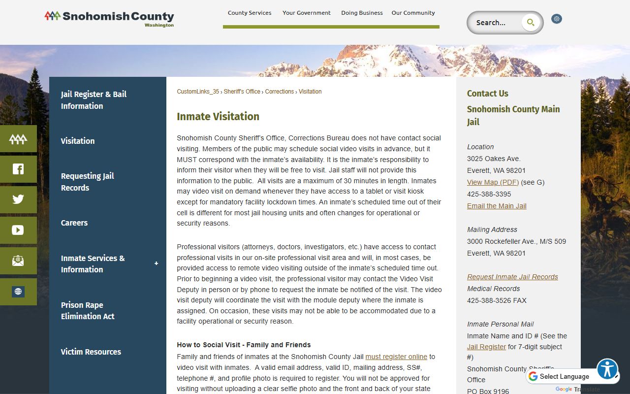 Snohomish County inmate visitation schedule and video visit rules