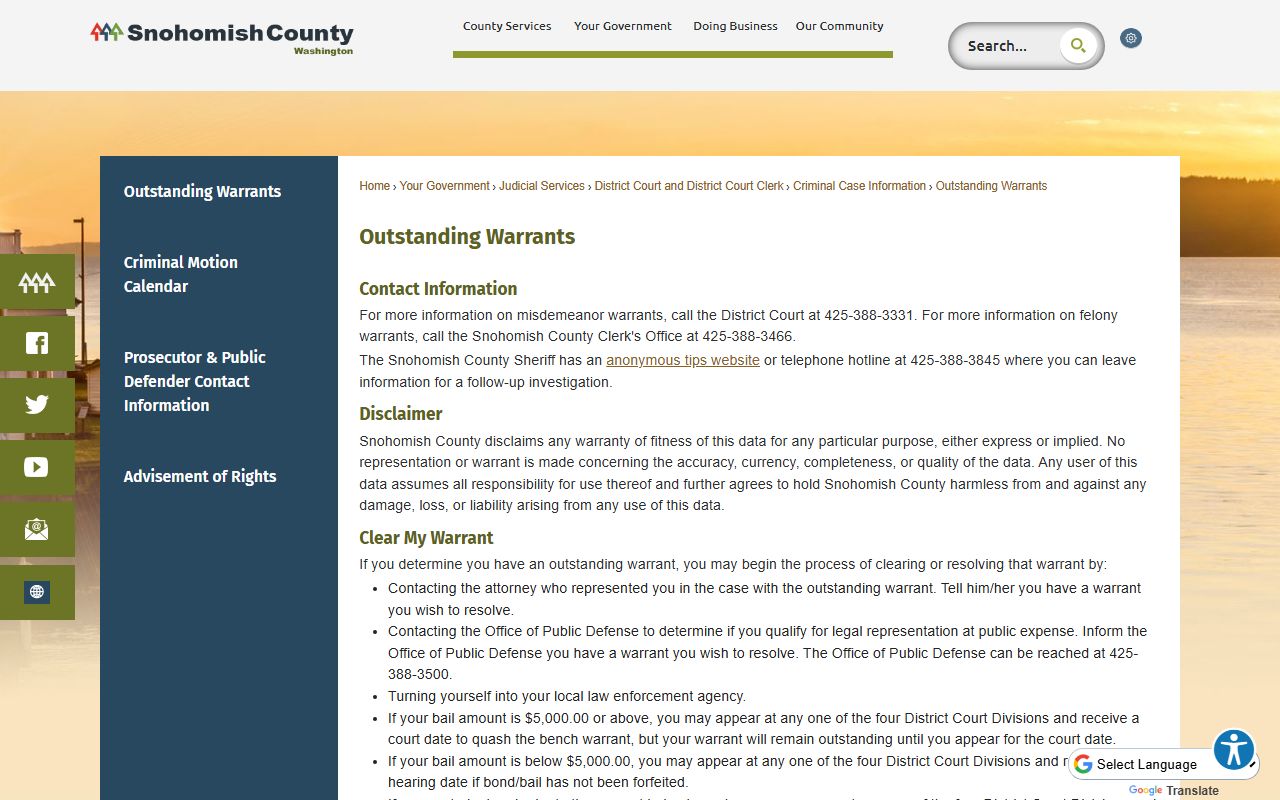 Snohomish County warrant contacts for court records after arrest