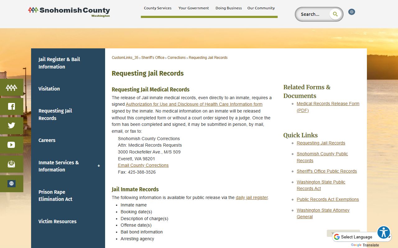Snohomish County booking photo jail records request page and confidentiality notice