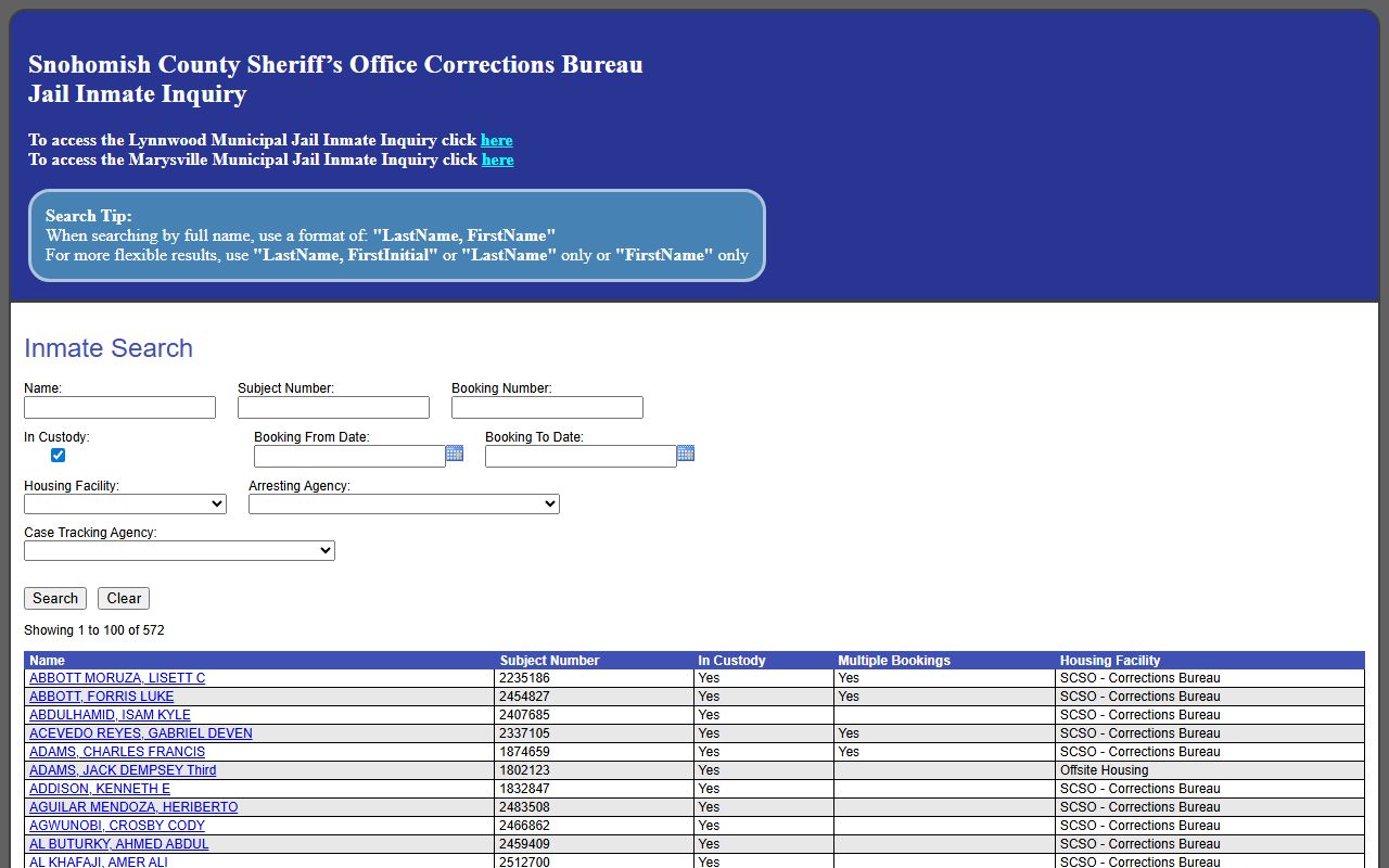 Snohomish County jail roster current inmate records result list