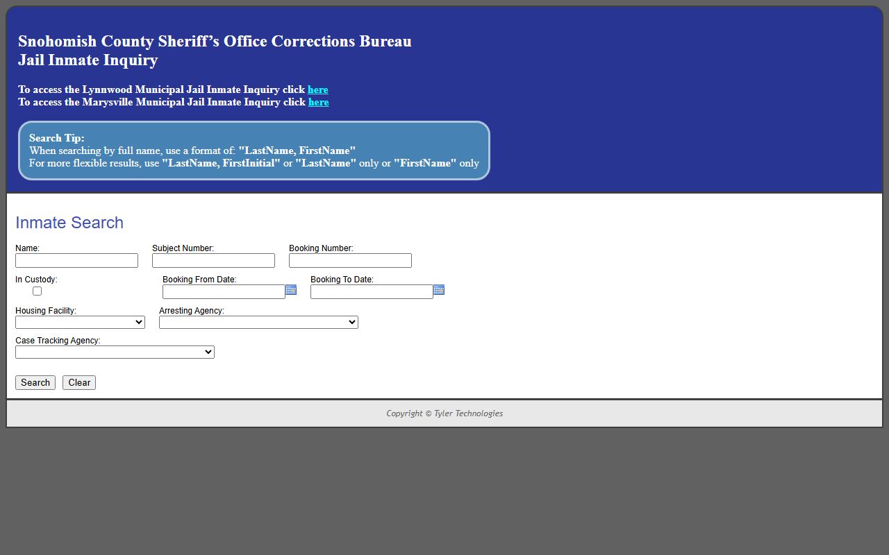 Snohomish County inmate search form on the SCSO jail inmate inquiry