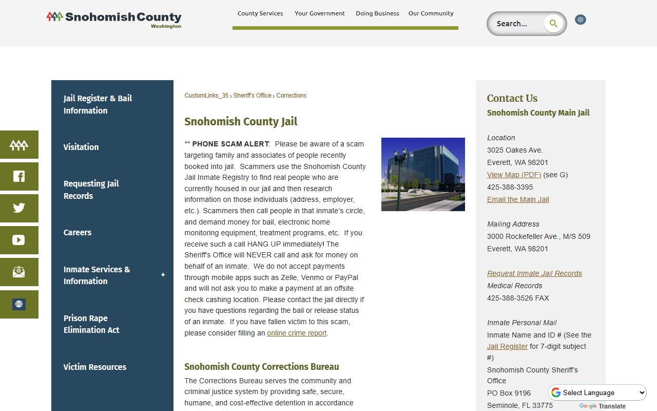 Snohomish County Corrections page showing main jail information
