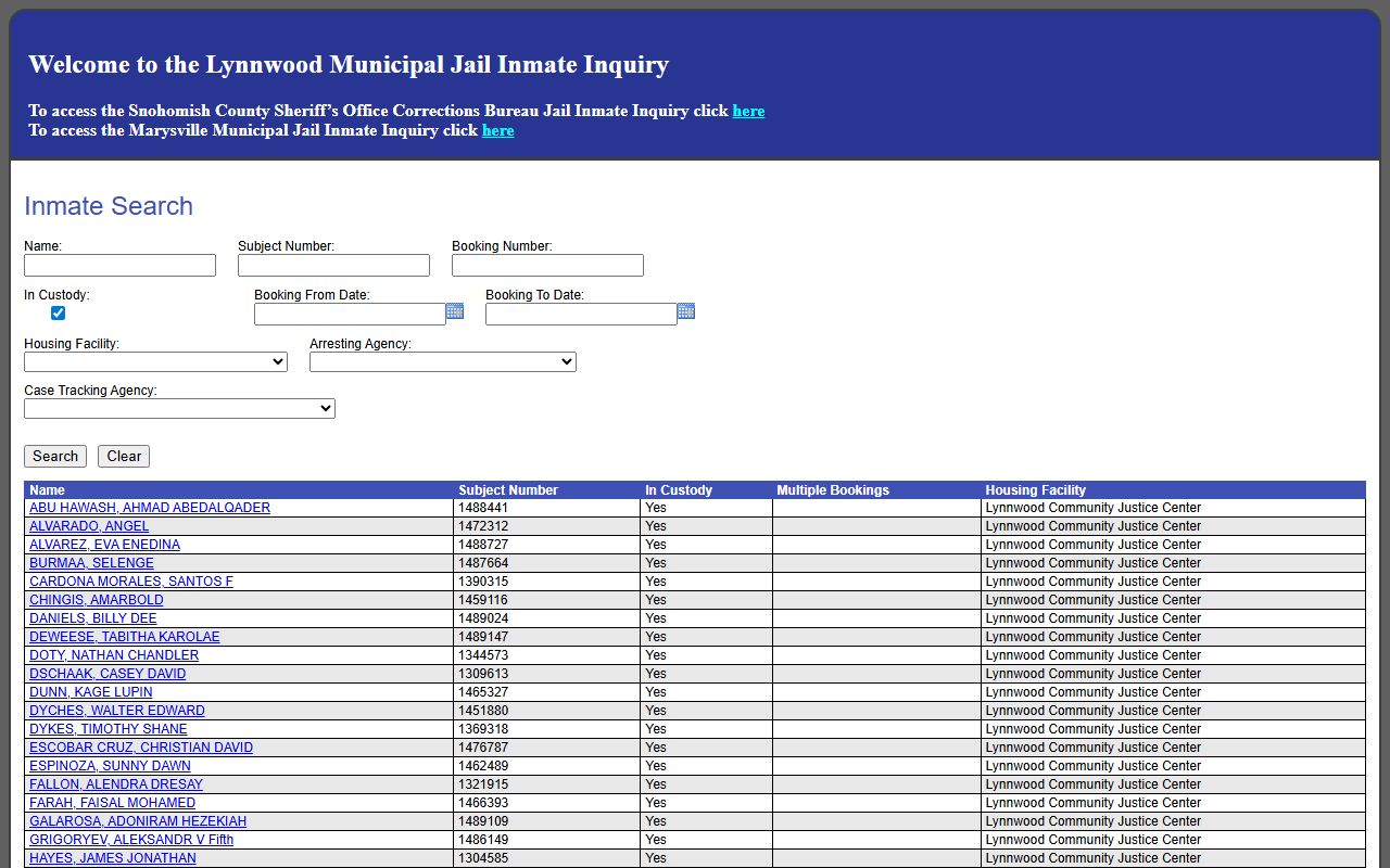 Lynnwood municipal jail inmate inquiry result screen