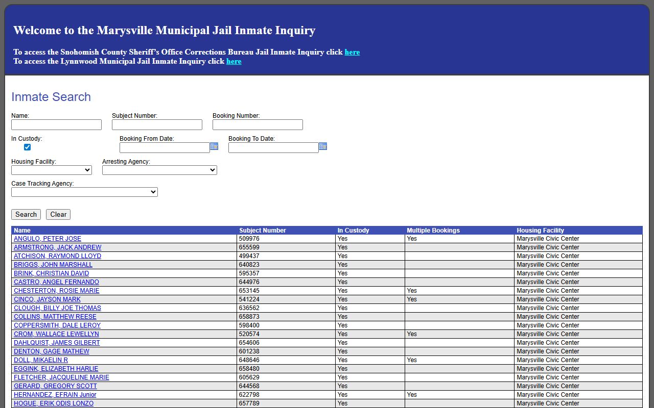 Marysville municipal jail inmate inquiry result screen